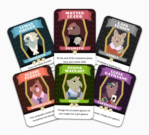 An arrangement of illustrated Family Plot character cards.