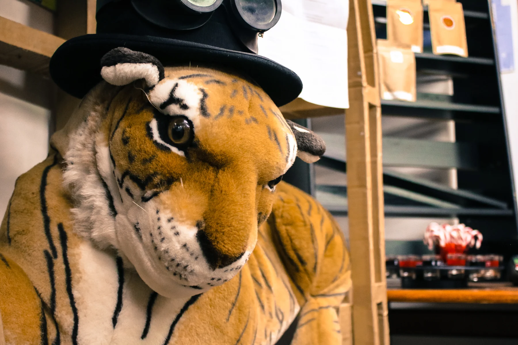 A plush animal in a top hat at the Inconvenience Store.