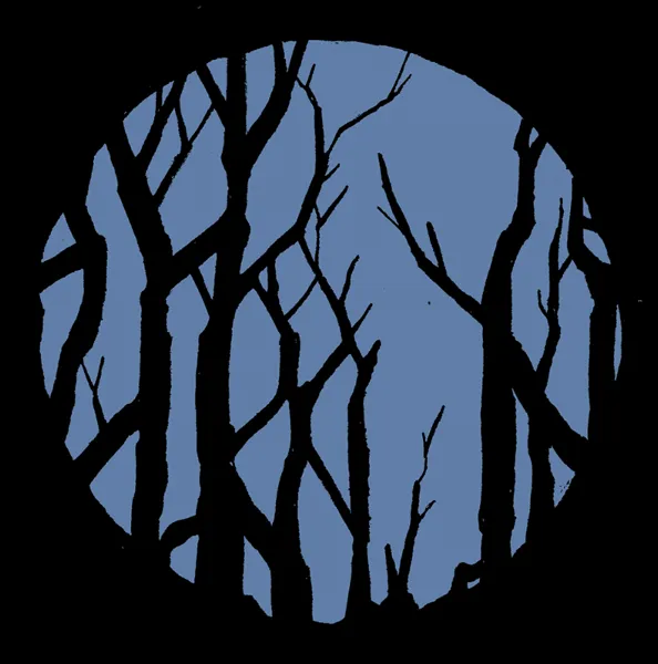 Illustration of a moon seen through dark trees for The Greatest Good.
